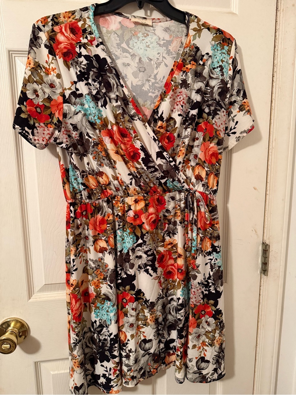 Pinc Floral Wrap Mini Dress in White, Coral, Black and Aqua
